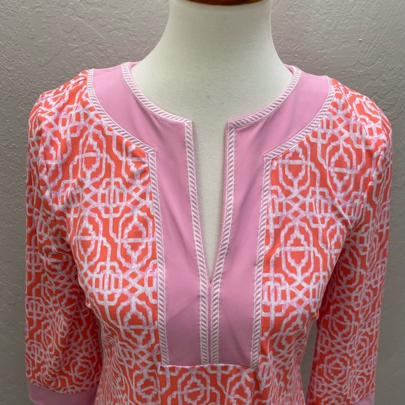 Cabana Life/Talbots Embroidered Tunic Dress Contrast Neckline Coral Lattice S - Picture 2 of 14